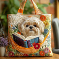 Geantă artizan - Shih Tzu cu cărți și flori